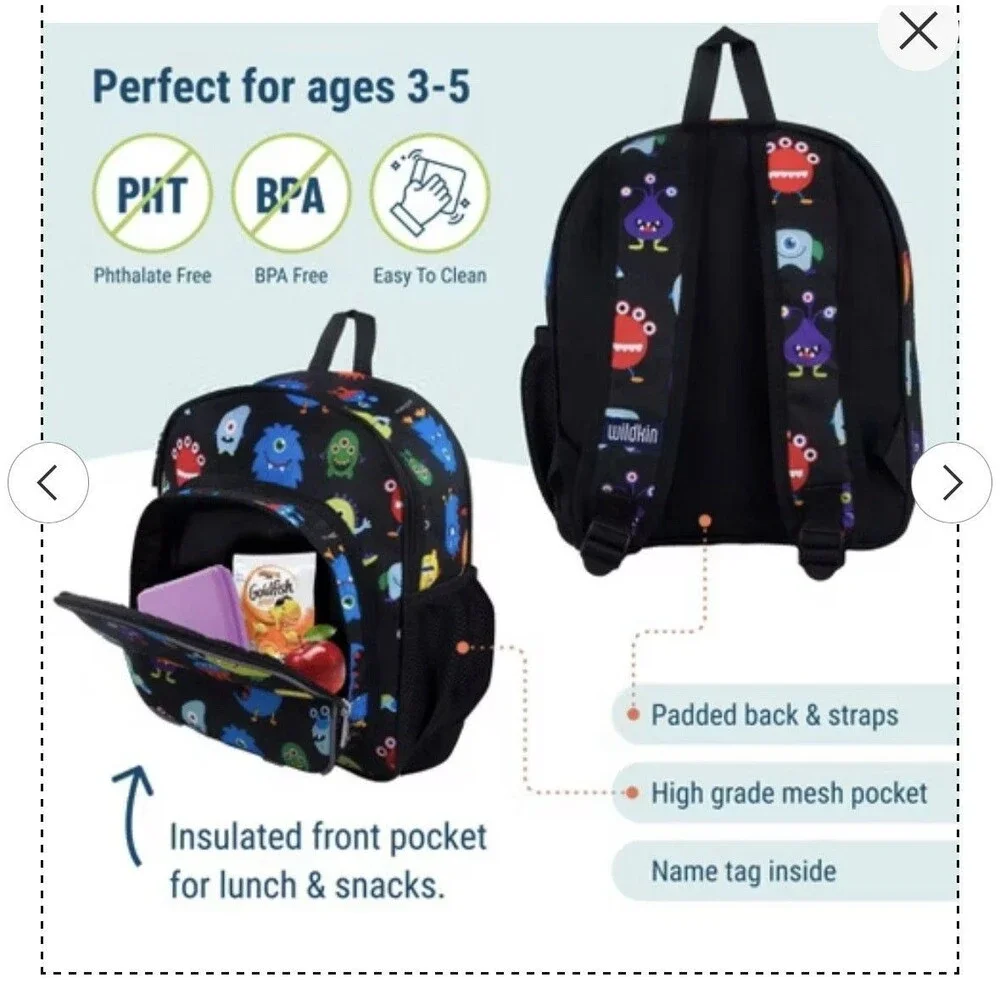 Wildkin Monsters Black Kids Backpack-12 “ Matching Lunchbox Pack